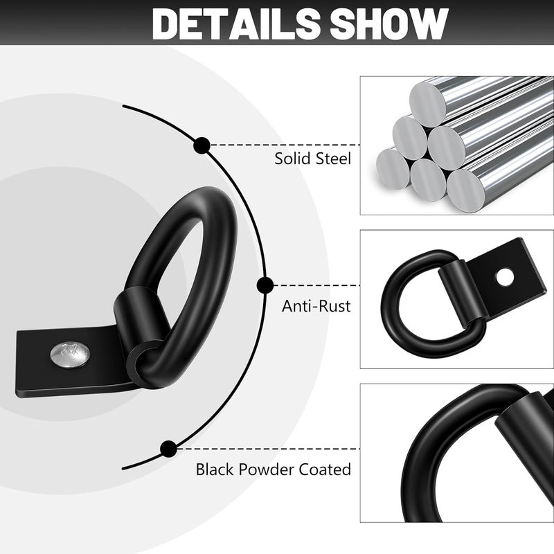 garini Black D Ring Tie Down Anchors,12Pcs Heavy Duty D Ring with Screws,Surface Mount Hooks Securing Cargo for Trailer, Truck Bed Or Deliveries - Image 4